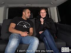 Blonde beauty's daring car ride.