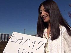 cheeky japanese hitchhiker’s daring micro-bust tease