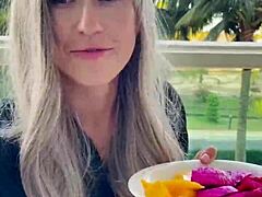 Blonde Teen Model Teases with Chopsticks and Exotic Fruits