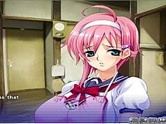 Busty heroine in visual novel-style game