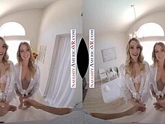 Naughty American chicks share VR threesome fuck