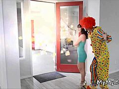aroused housewife rides clown's hard cock with passion
