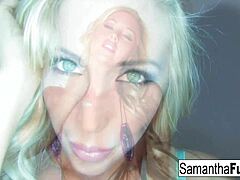Samantha’s Blonde Tease with Big Tits on Display