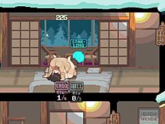 Hentai game pixel art shows three girls fucking each other’s partners.