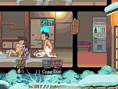 Hentai game pixel art shows three girls fucking each other’s partners.