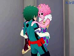 Mina Ashido, Momo Yaoyorozu, Izuku Midoriya in intense My Hero Academia hentai sex.