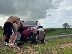 Daring milf fucks outdoors with cars watching us