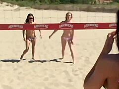 The blonde lesbians finish beach volleyball with intense indoor group banging! They dive into fingering, licking, and wild 69 positions.