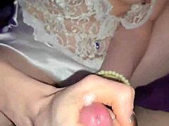 Cock jerking milf licks every last drop of cum