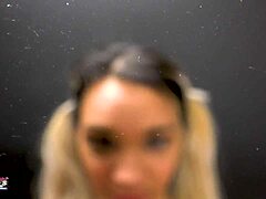 sabrina, the petite brunette coed, rubs her tits and sucks cock in pov.