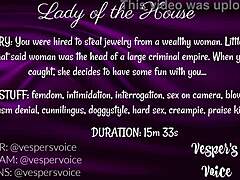 Dominant female interrogates and uses handcuffed man for pleasure.