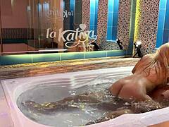 fucking a curvy colombian babe in the jacuzzi, unloading deep in her tight pussy underwater.