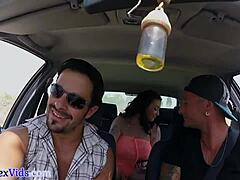 Busty Brit boldly sucks cock in public before wild outdoor banging session.