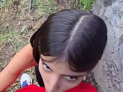 Skinny Latina Teen Slut Gives Blowjob In Forest Until Covered