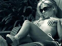Aubrey Adams, the hot mom, rubs herself outdoors in the sun before banging hard