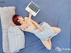 Yanks minx Hedera Helix teases with solo play. Watch this redhead rub her hairy pussy to orgasm!