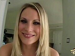 Busty blonde gags on cock after interview.