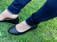 shoeplay and dipping with tan nylons and flats feels so sensual