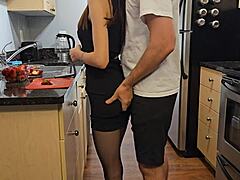 Petite Teen Step Sister In Black Dress And Stockings Gets Fucked On Desk In Kitchen
