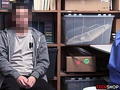 Oh man, I can't believe this female mall cop milf is blackmailing me, a young 18+ guy, into sex right here in the shop office!