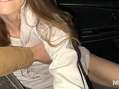 Specific young slut fucks lover in car as amateur couple with facial cumshot