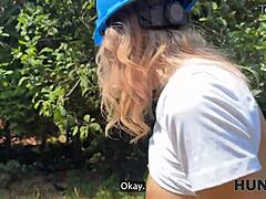 HUNT4K Sexy Fanta Sie Fucks With Old Hunter For Her Annual Salary In Public