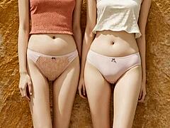 These cute models appear in their everyday underwear for a casual scene.