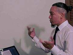 The professor aims to teach English to his bratty student, but she pushes back until he disciplines her with intense sex