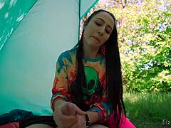 so this slutty hippie chick with long hair just pulled me into her tent in the forest and gave me a quick cfnm handjob outdoors.
