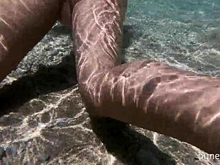 Butt Plug Swim and Piss on Public Beach