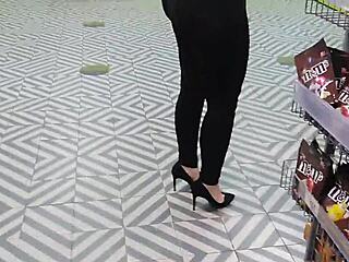 flashing milf teases in shop with sexy heels