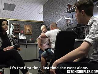 Daring foursome banging in public barbershop