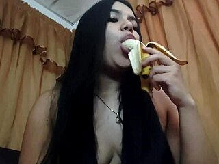 Cute Latina teen sucks banana deep in kitchen scene