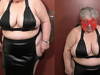 What’s behind this bound granny’s bra slave session?