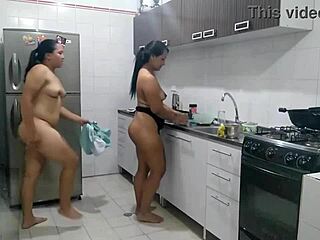 Colombian lesbians cook with dildo in kitchen