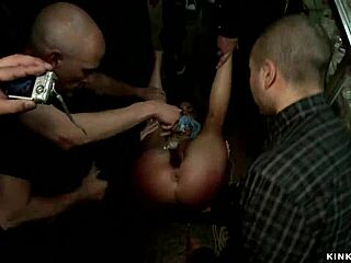 Brunette Fucked Hard in Public Shop Gangbang