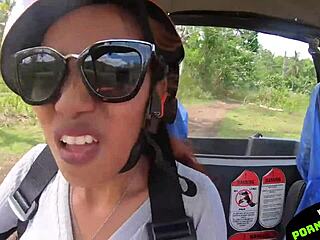 Traveling couple fucks hard with outdoor blowjob close-up