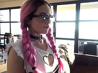 Teen in short dress teases with pigtails