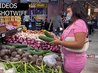 kriss hotwife controlled with lush in pussy picking huge cucumber for cuckold salad