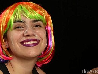 Colorful wig wife gets facial after blowjob