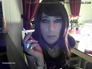 Goth Tranny Smokes and Strokes Cock with Edge