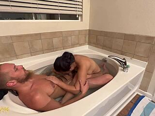 Bold Asian queen delivers steamy bath tub blowjob