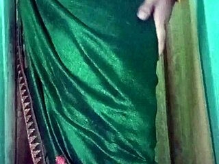 Indian crossdresser Gaurisissy teases in green saree