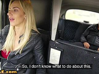 Busty blonde cabbie teases with backseat blowjob ride