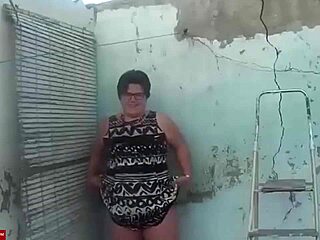 Fat girl fucked in old patio