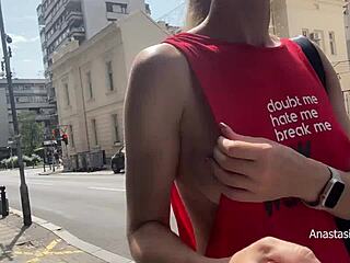 Braless city walk flashing pierced nipples in open public