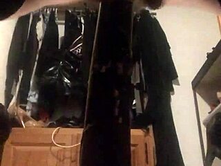 Travestie fucks herself with huge horse dildo in lingerie