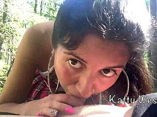 Step sister sucks step brother in public forest