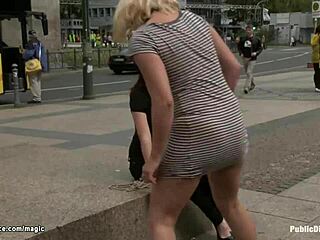 German blonde fucked hard by group in public