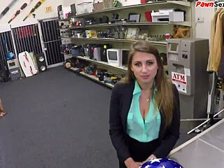 busty pawnshop babe teases clit before pov blowjob